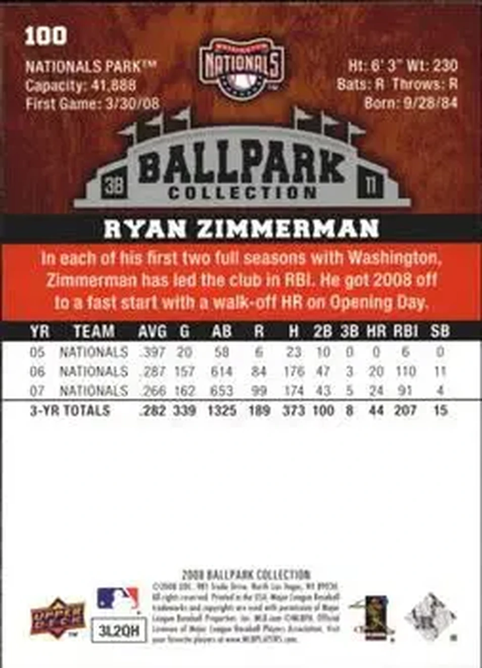 2008 Upper Deck Ballpark Collection #100 - Ryan Zimmerman - Washington Nationals - Back