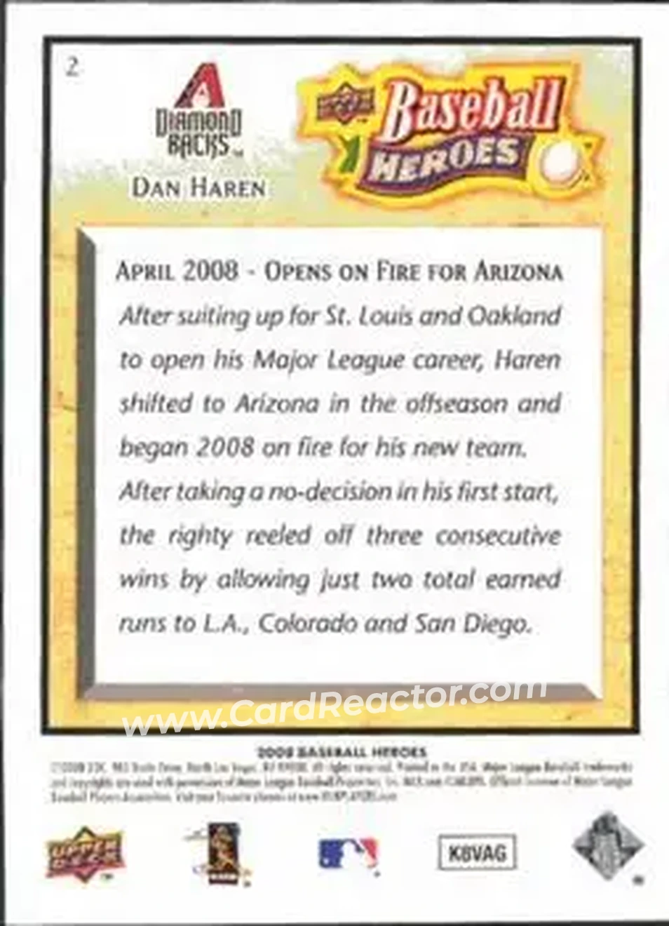 2008 Upper Deck Baseball Heroes #2 - Dan Haren - Arizona Diamondbacks - Back