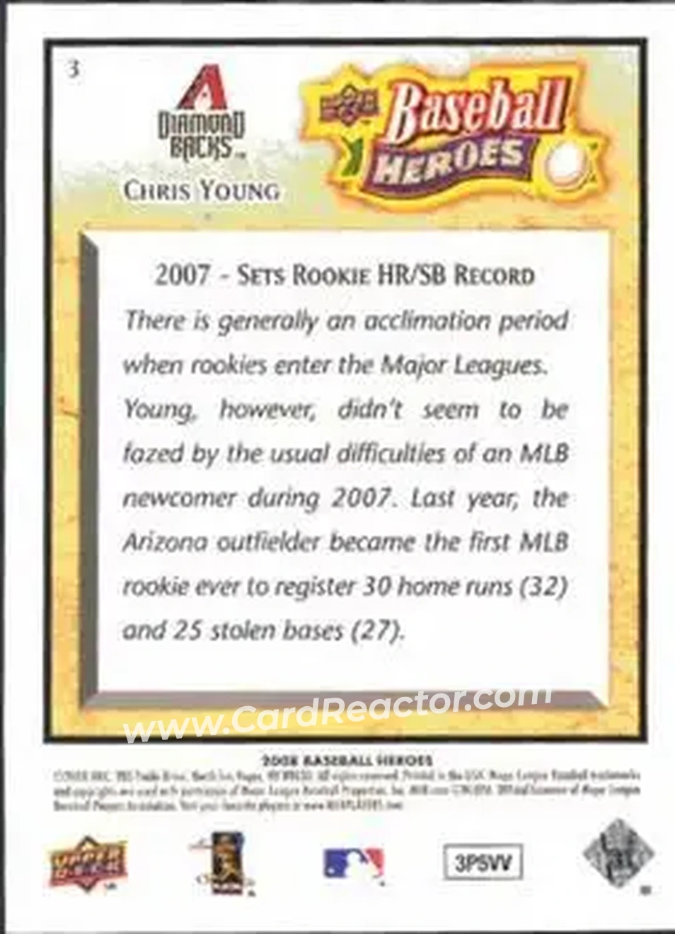 2008 Upper Deck Baseball Heroes #3 - Chris Young - Arizona Diamondbacks - Back 2008 Upper Deck Baseball Heroes #3 - Chris Young - Arizona Diamondbacks - Back