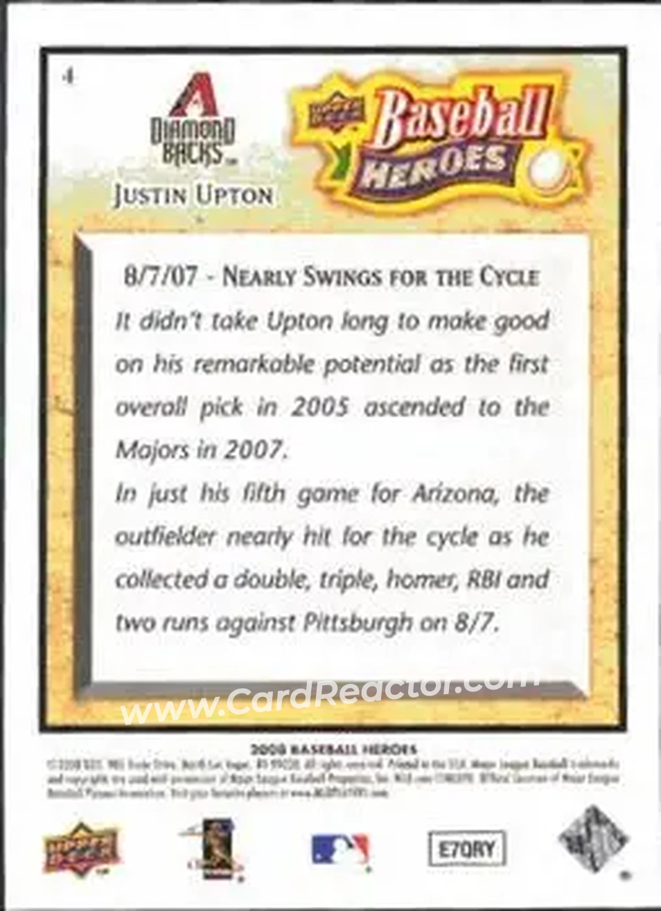 2008 Upper Deck Baseball Heroes #4 - Justin Upton - Arizona Diamondbacks - Back 2008 Upper Deck Baseball Heroes #4 - Justin Upton - Arizona Diamondbacks - Back