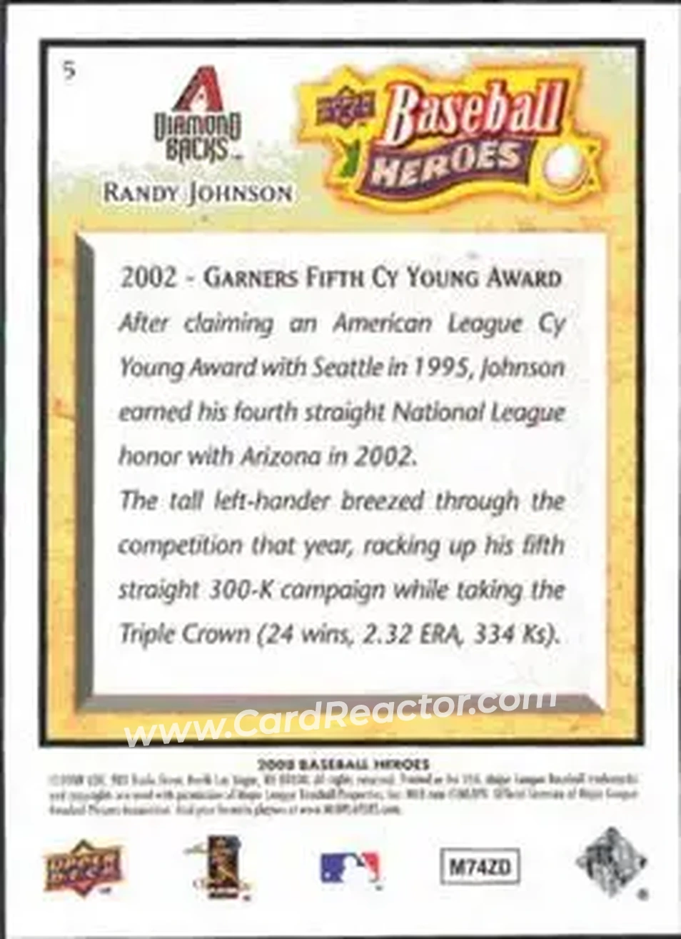 2008 Upper Deck Baseball Heroes #5 - Randy Johnson - Arizona Diamondbacks - Back