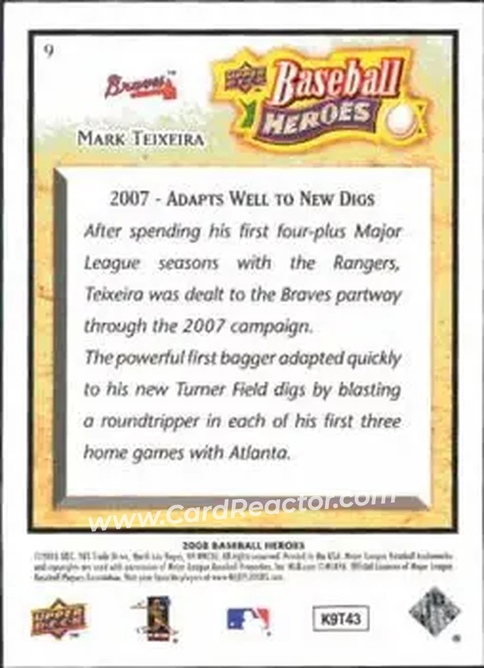 2008 Upper Deck Baseball Heroes #9 - Mark Teixeira - Atlanta Braves - Back