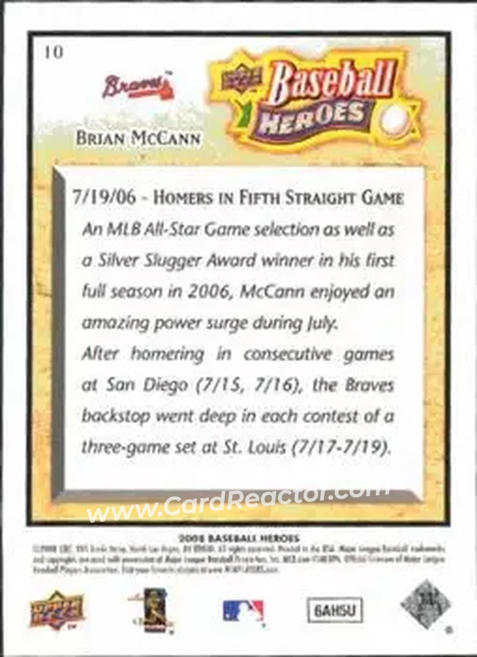 2008 Upper Deck Baseball Heroes #10 - Brian McCann - Atlanta Braves - Back