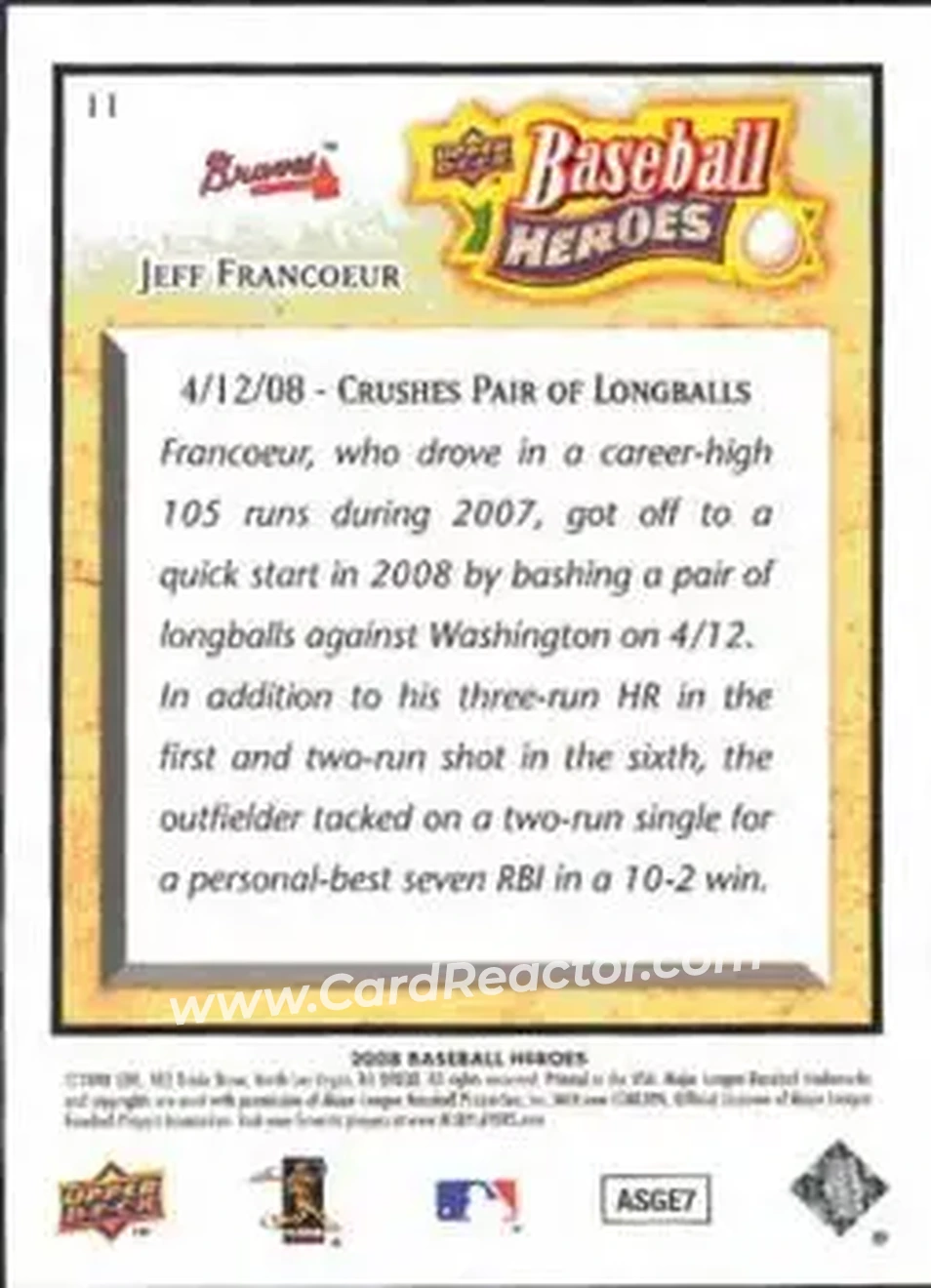 2008 Upper Deck Baseball Heroes #11 - Jeff Francoeur - Atlanta Braves - Back
