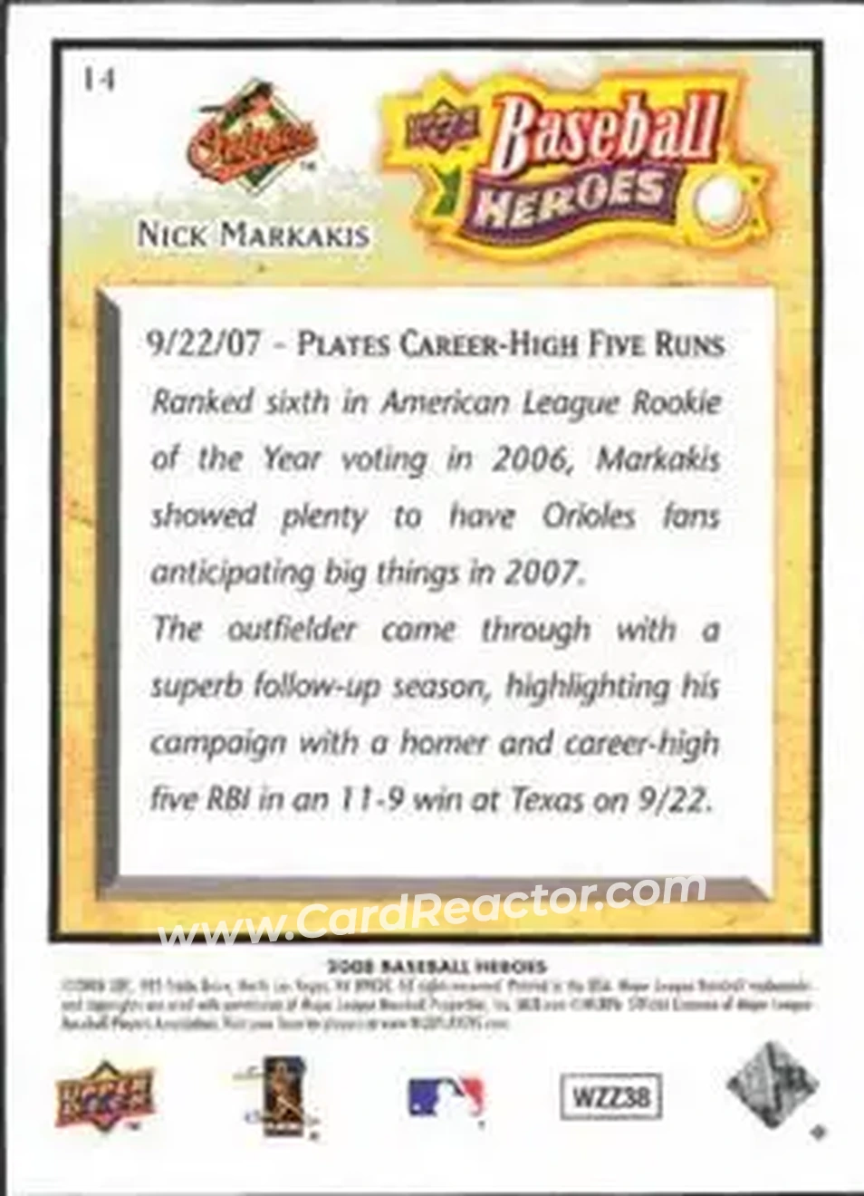 2008 Upper Deck Baseball Heroes #14 - Nick Markakis - Baltimore Orioles - Back 2008 Upper Deck Baseball Heroes #14 - Nick Markakis - Baltimore Orioles - Back