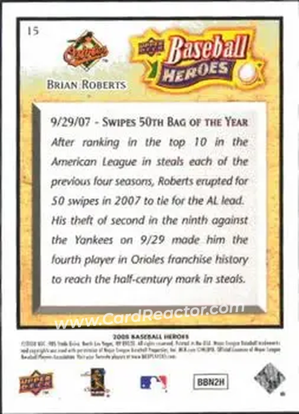 2008 Upper Deck Baseball Heroes #15 - Brian Roberts - Baltimore Orioles - Back 2008 Upper Deck Baseball Heroes #15 - Brian Roberts - Baltimore Orioles - Back
