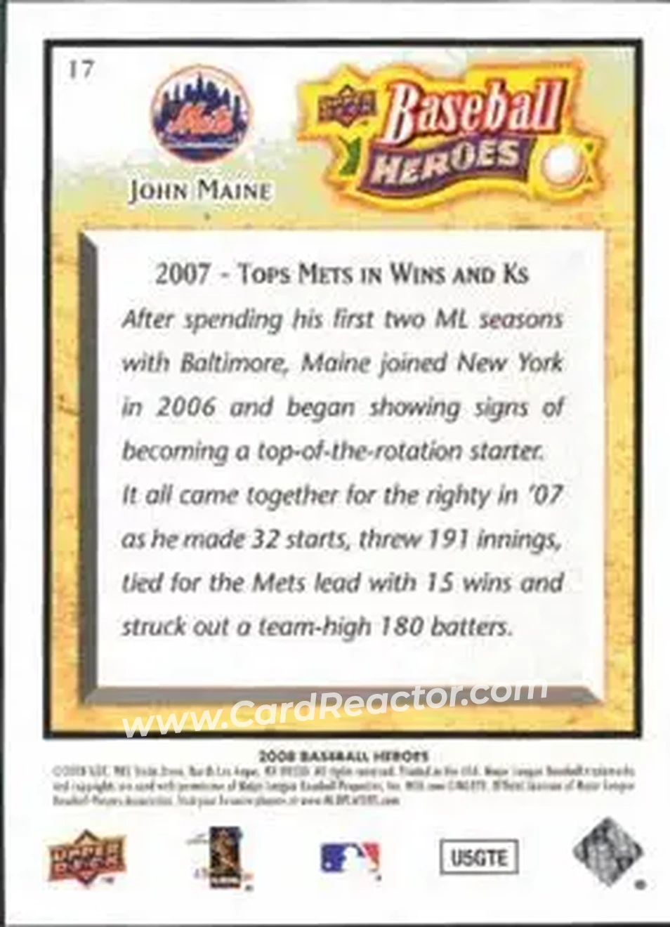 2008 Upper Deck Baseball Heroes #17 - John Maine - New York Mets - Back