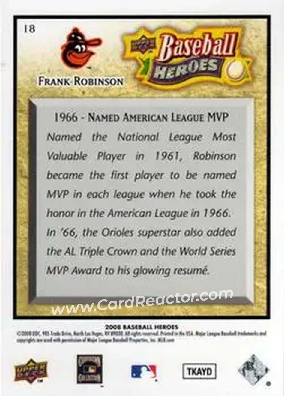 2008 Upper Deck Baseball Heroes #18 - Frank Robinson - Baltimore Orioles - Back