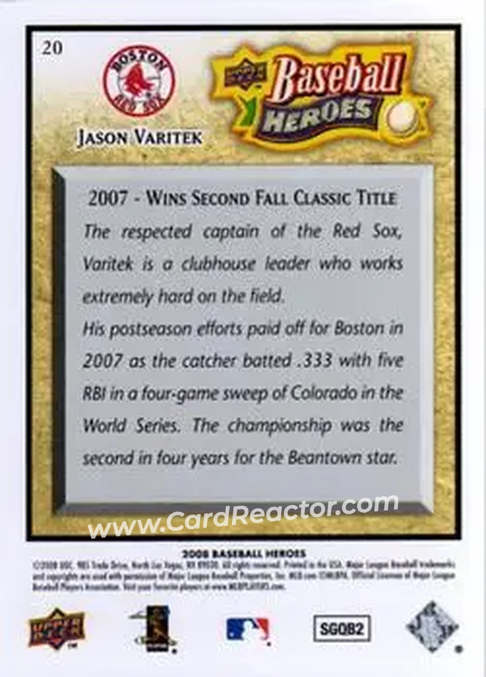 2008 Upper Deck Baseball Heroes #20 - Jason Varitek - Boston Red Sox - Back