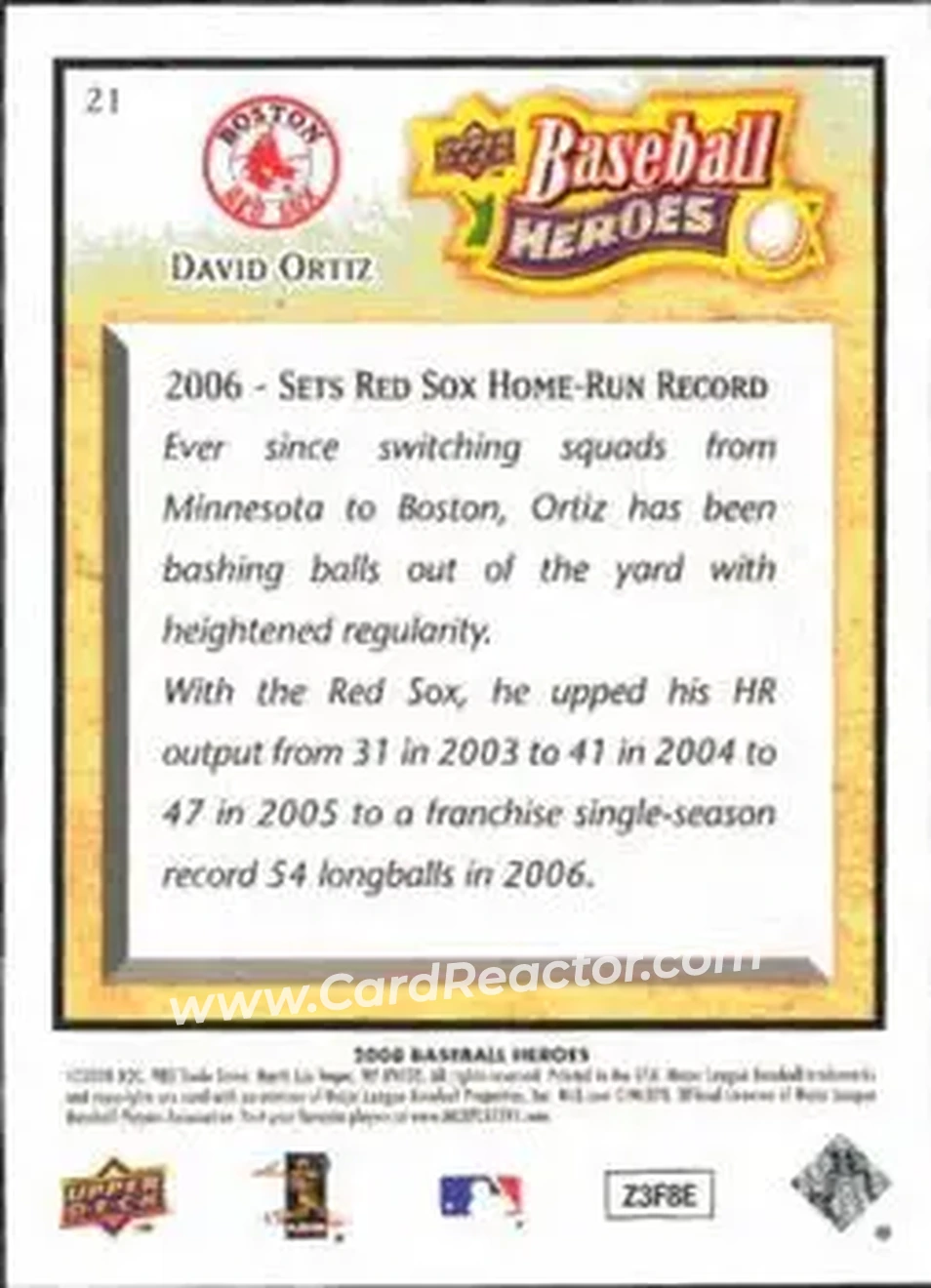 2008 Upper Deck Baseball Heroes #21 - David Ortiz - Boston Red Sox - Back 2008 Upper Deck Baseball Heroes #21 - David Ortiz - Boston Red Sox - Back