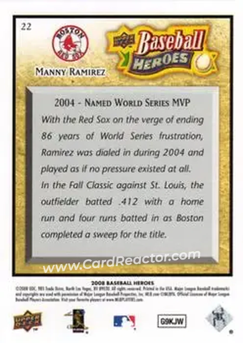 2008 Upper Deck Baseball Heroes #22 - Manny Ramirez - Boston Red Sox - Back 2008 Upper Deck Baseball Heroes #22 - Manny Ramirez - Boston Red Sox - Back