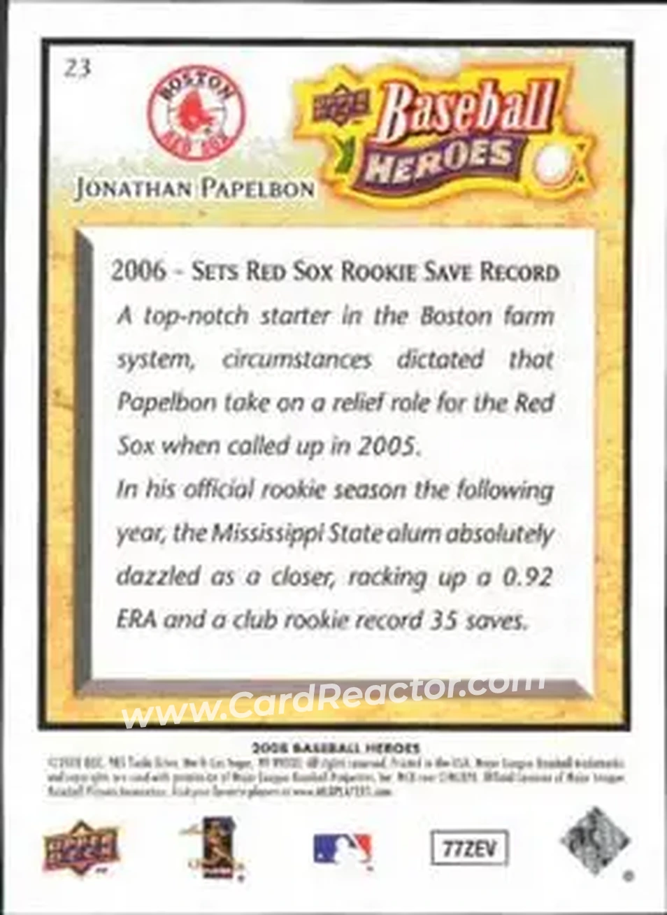 2008 Upper Deck Baseball Heroes #23 - Jonathan Papelbon - Boston Red Sox - Back 2008 Upper Deck Baseball Heroes #23 - Jonathan Papelbon - Boston Red Sox - Back
