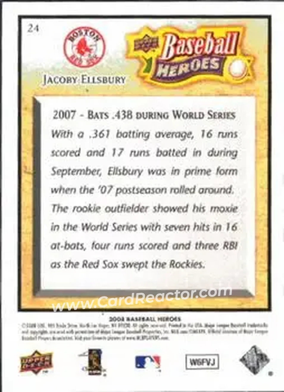 2008 Upper Deck Baseball Heroes #24 - Jacoby Ellsbury - Boston Red Sox - Back 2008 Upper Deck Baseball Heroes #24 - Jacoby Ellsbury - Boston Red Sox - Back