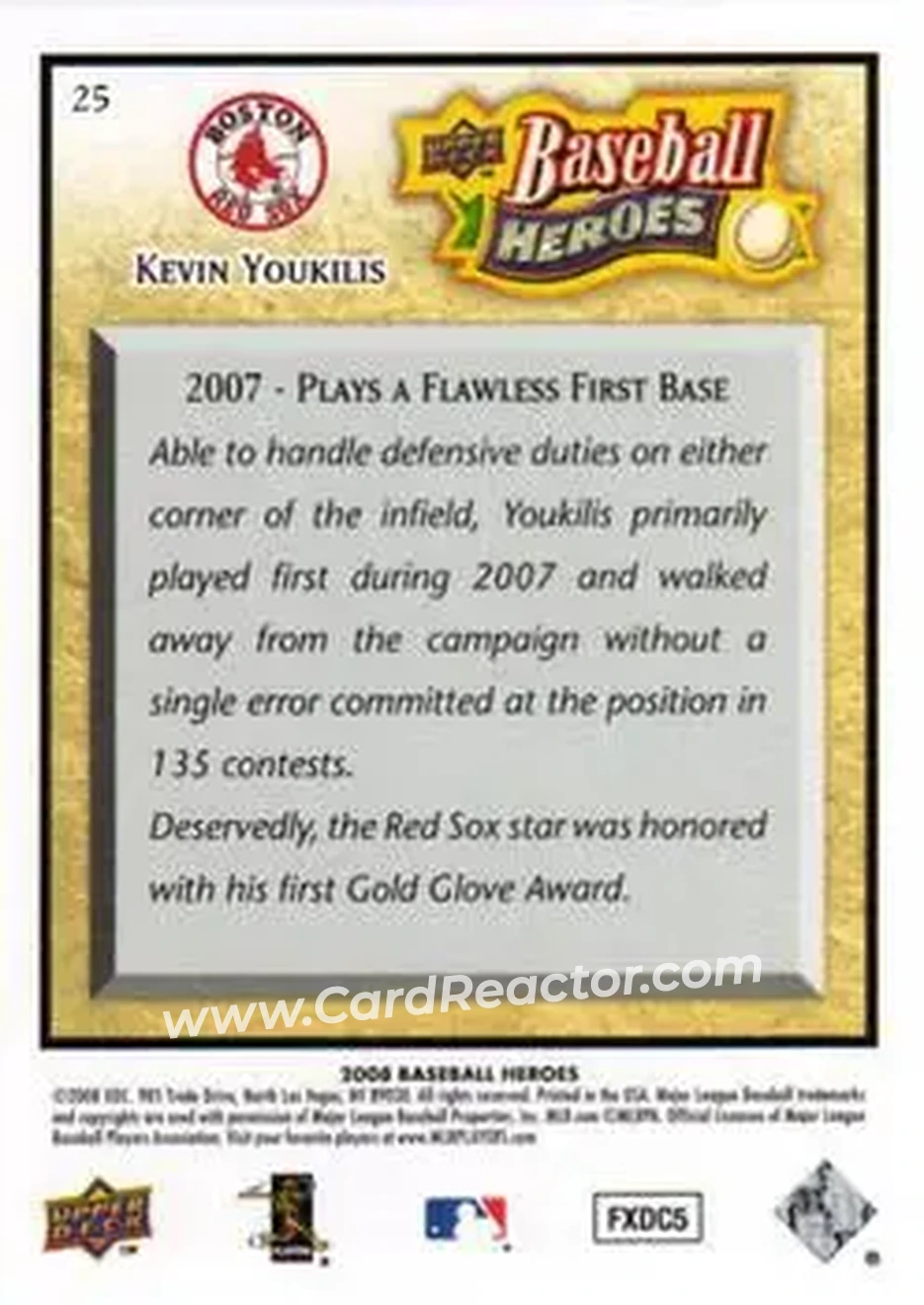 2008 Upper Deck Baseball Heroes #25 - Kevin Youkilis - Boston Red Sox - Back