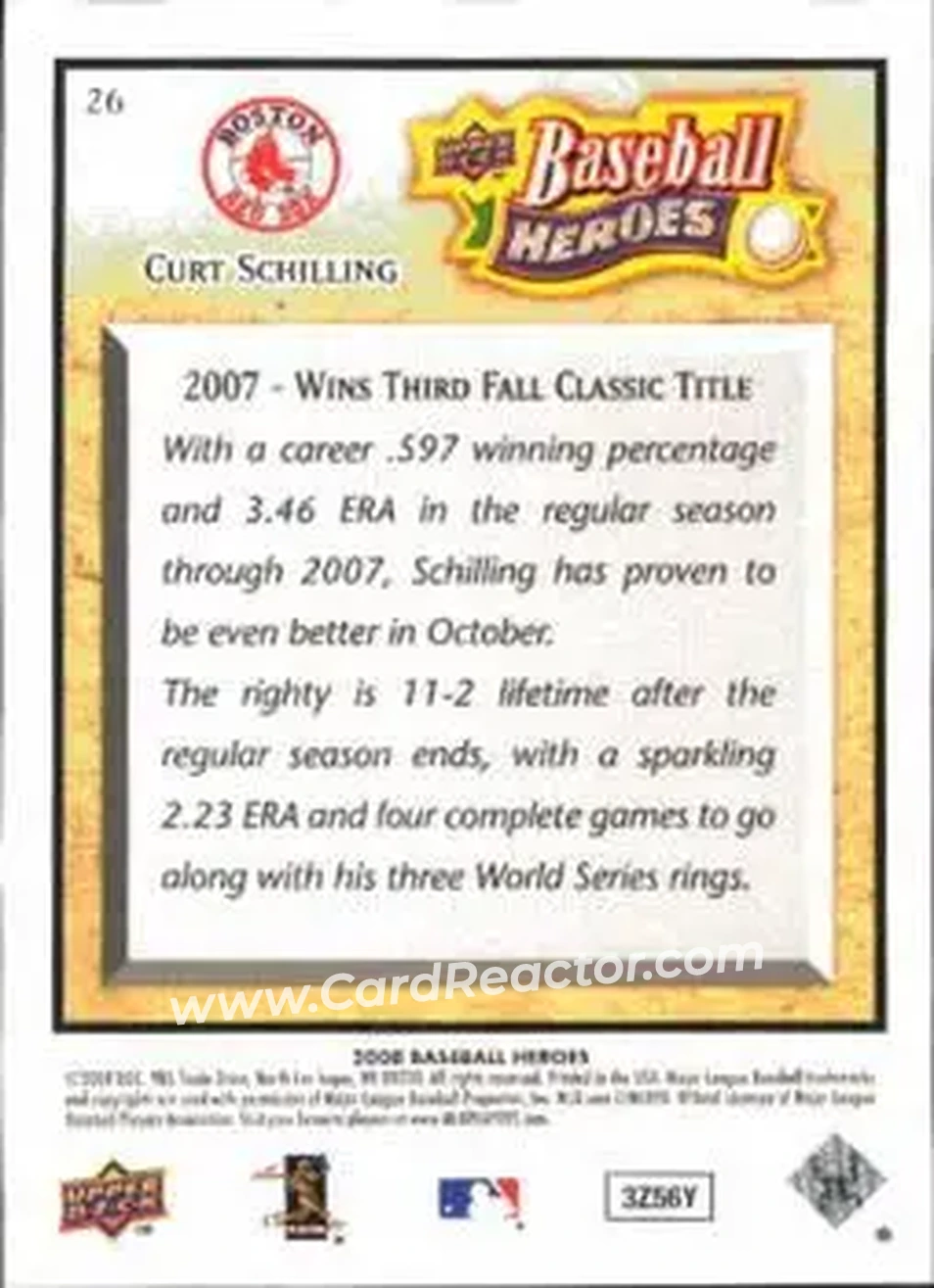 2008 Upper Deck Baseball Heroes #26 - Curt Schilling - Boston Red Sox - Back