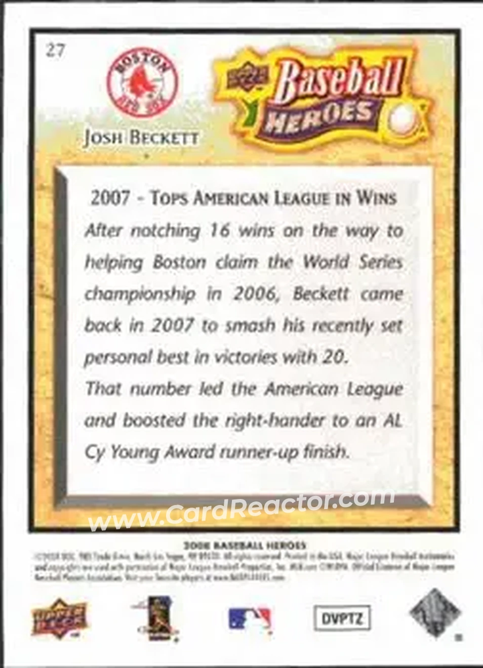 2008 Upper Deck Baseball Heroes #27 - Josh Beckett - Boston Red Sox - Back