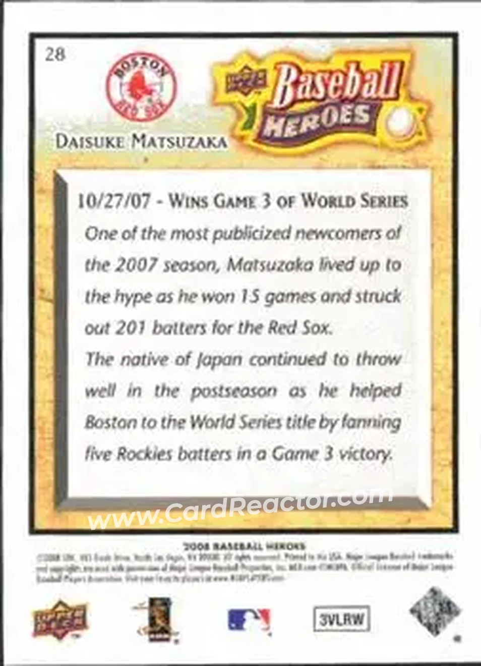 2008 Upper Deck Baseball Heroes #28 - Daisuke Matsuzaka - Boston Red Sox - Back