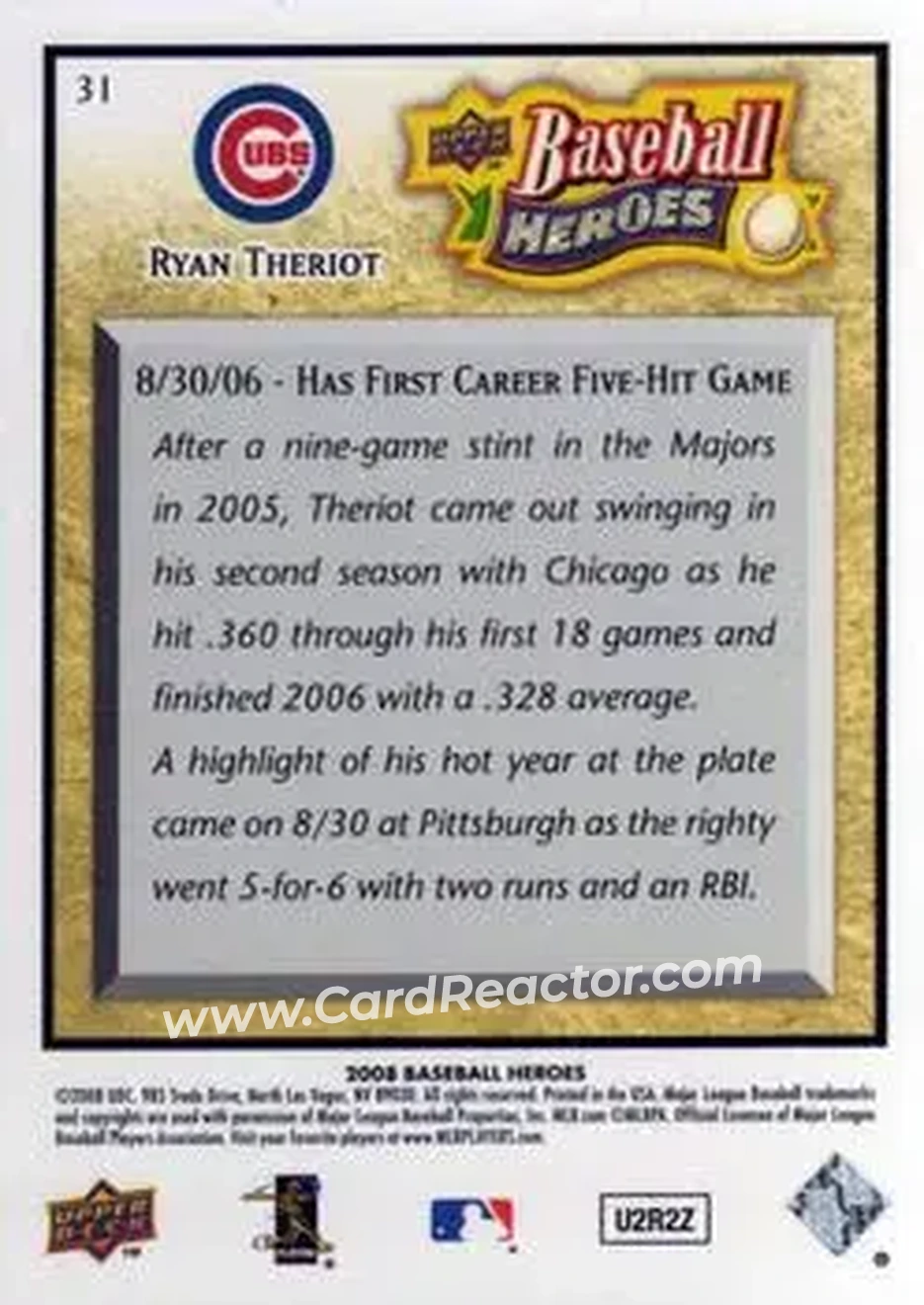 2008 Upper Deck Baseball Heroes #31 - Ryan Theriot - Chicago Cubs - Back 2008 Upper Deck Baseball Heroes #31 - Ryan Theriot - Chicago Cubs - Back