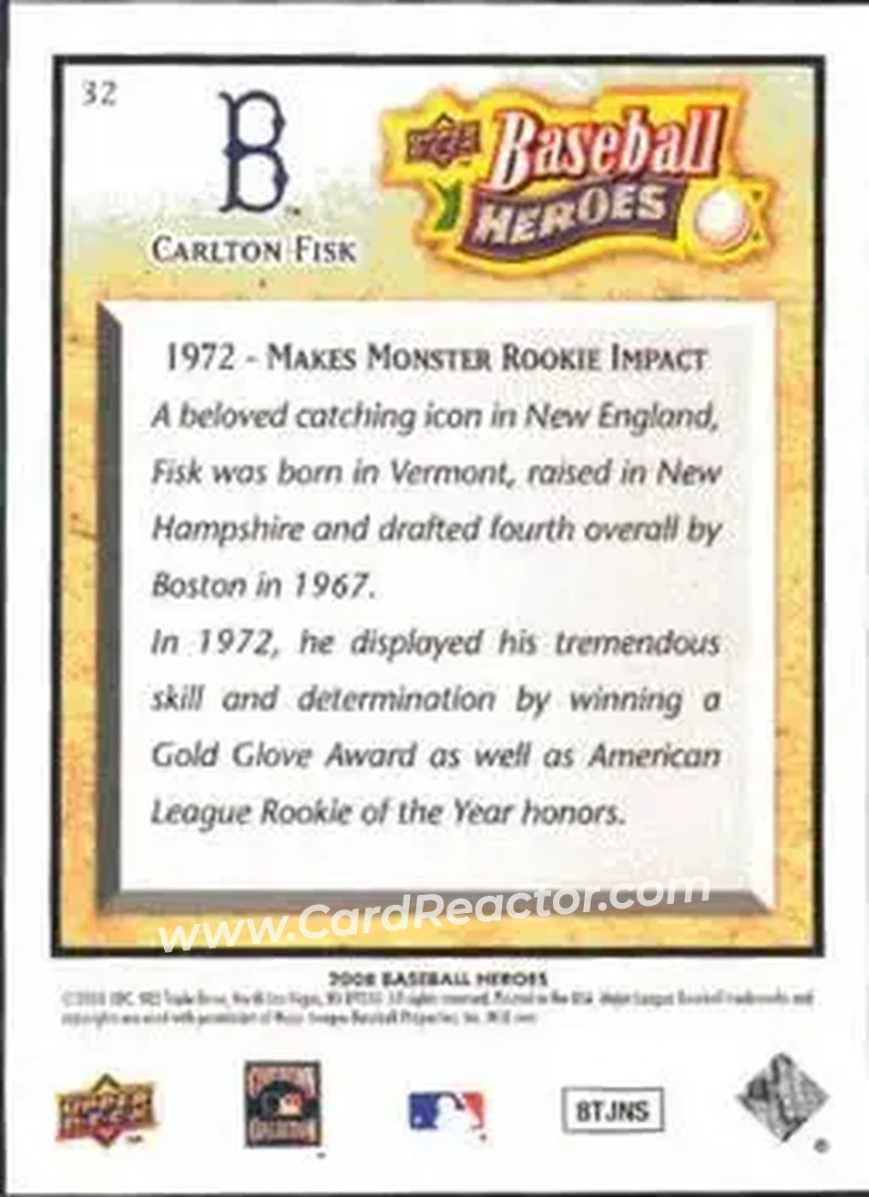 2008 Upper Deck Baseball Heroes #32 - Carlton Fisk - Boston Red Sox - Back