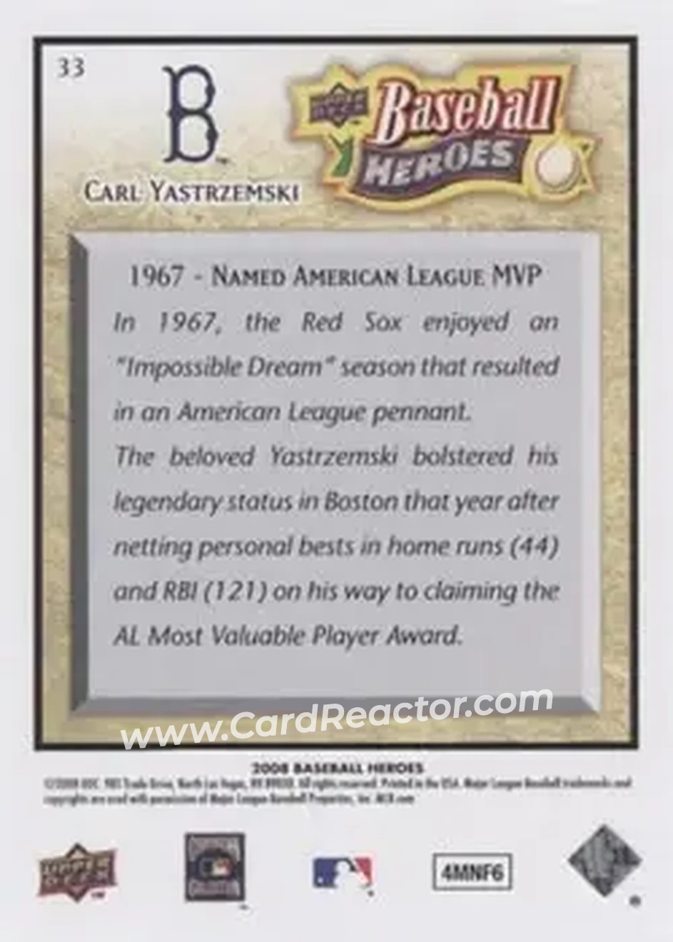 2008 Upper Deck Baseball Heroes #33 - Carl Yastrzemski - Boston Red Sox - Back