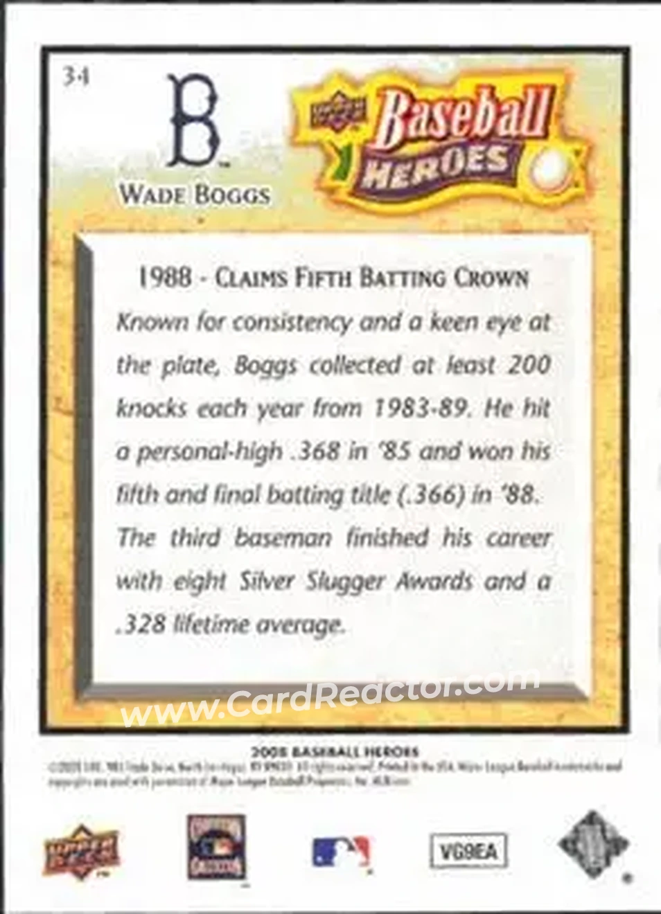 2008 Upper Deck Baseball Heroes #34 - Wade Boggs - Boston Red Sox - Back 2008 Upper Deck Baseball Heroes #34 - Wade Boggs - Boston Red Sox - Back