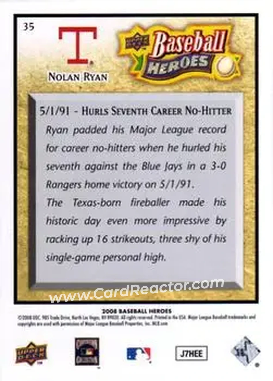 2008 Upper Deck Baseball Heroes #35 - Nolan Ryan - Texas Rangers - Back 2008 Upper Deck Baseball Heroes #35 - Nolan Ryan - Texas Rangers - Back