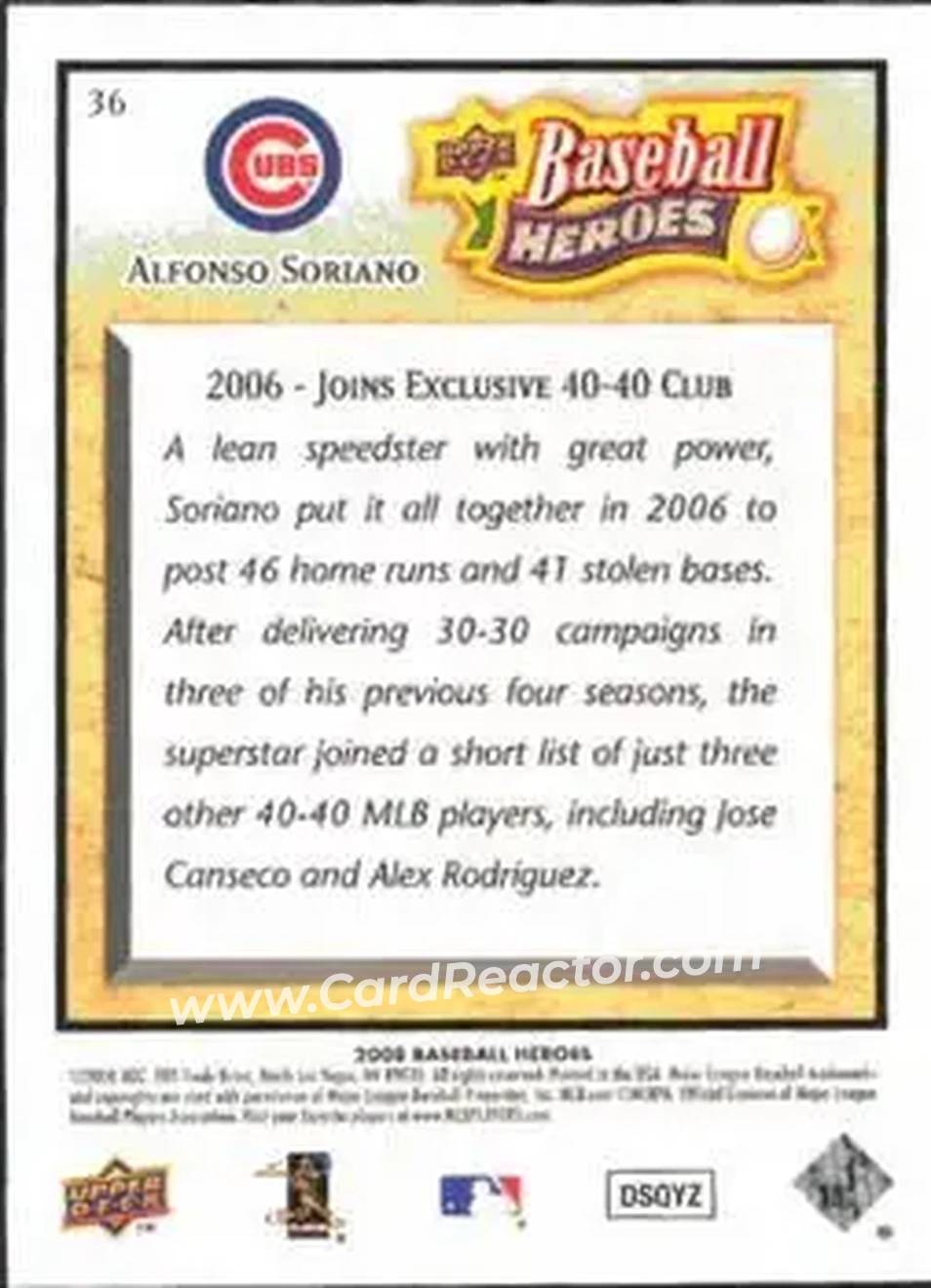 2008 Upper Deck Baseball Heroes #36 - Alfonso Soriano - Chicago Cubs - Back