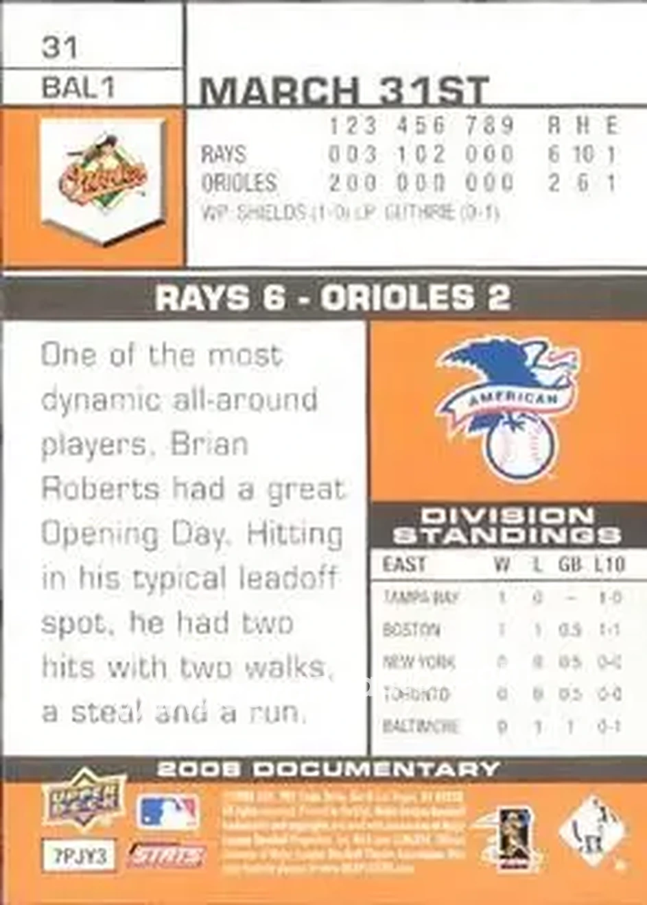 2008 Upper Deck Documentary #31 - Adam Jones - Baltimore Orioles - Back