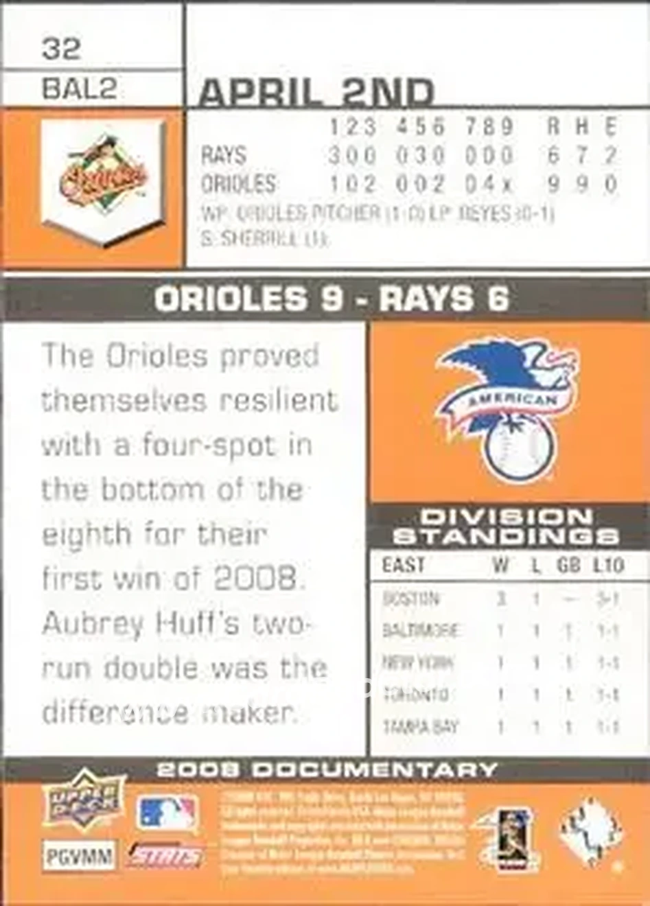 2008 Upper Deck Documentary #32 - Nick Markakis - Baltimore Orioles - Back