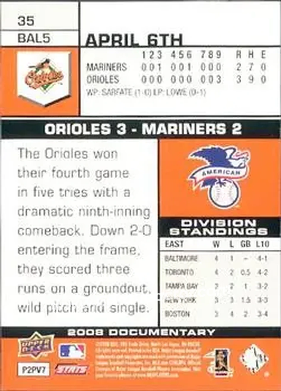 2008 Upper Deck Documentary #35 - Adam Loewen - Baltimore Orioles - Back