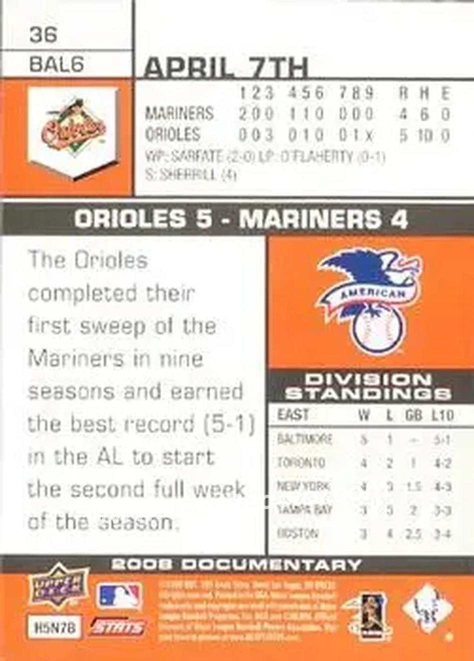 2008 Upper Deck Documentary #36 - Luke Scott - Baltimore Orioles - Back