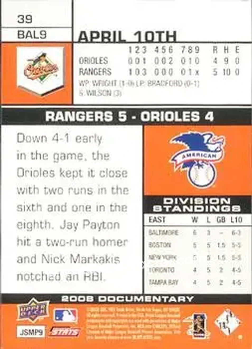 2008 Upper Deck Documentary #39 - Ramon Hernandez - Baltimore Orioles - Back