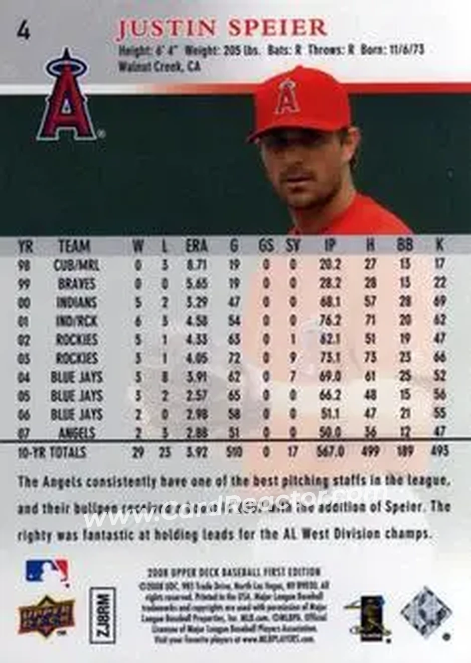 2008 Upper Deck First Edition #4 - Justin Speier - Los Angeles Angels - Back 2008 Upper Deck First Edition #4 - Justin Speier - Los Angeles Angels - Back