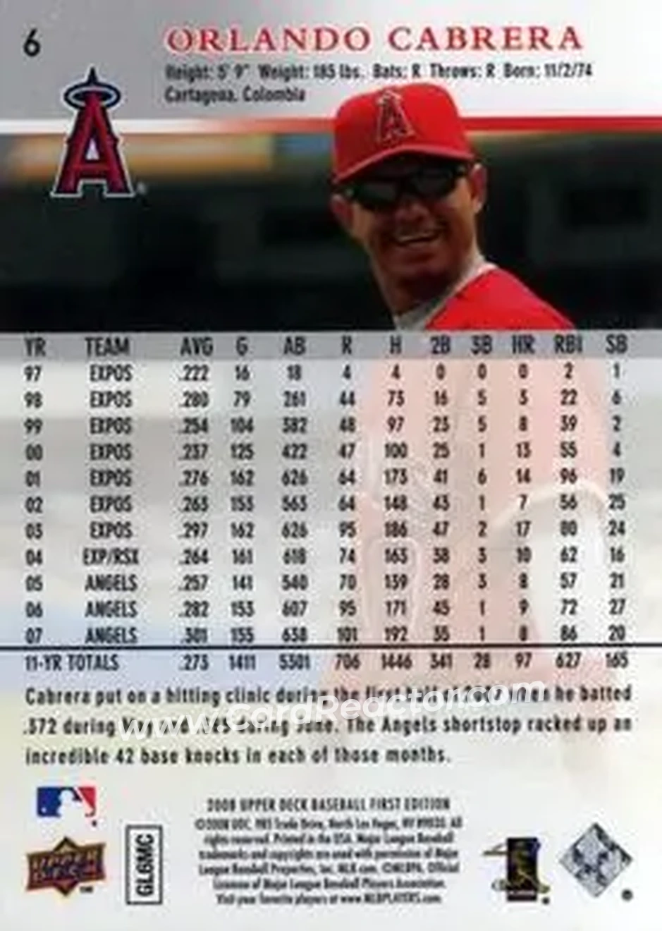 2008 Upper Deck First Edition #6 - Orlando Cabrera - Los Angeles Angels - Back 2008 Upper Deck First Edition #6 - Orlando Cabrera - Los Angeles Angels - Back