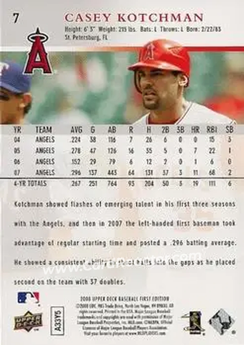 2008 Upper Deck First Edition #7 - Casey Kotchman - Los Angeles Angels - Back