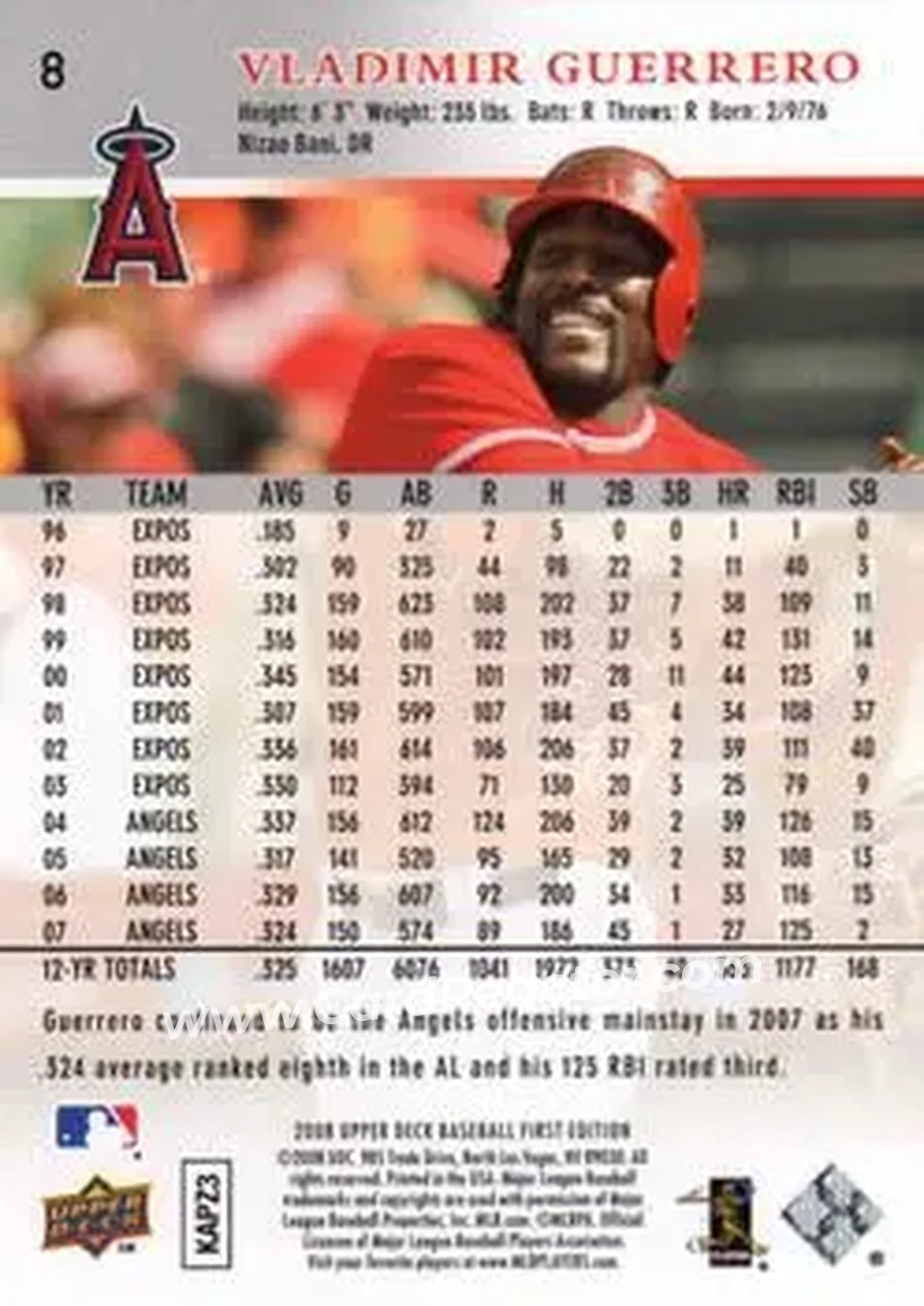 2008 Upper Deck First Edition #8 - Vladimir Guerrero - Los Angeles Angels - Back