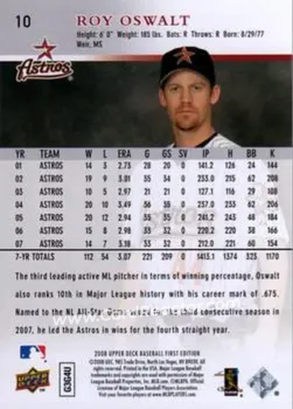 2008 Upper Deck First Edition #10 - Roy Oswalt - Houston Astros - Back 2008 Upper Deck First Edition #10 - Roy Oswalt - Houston Astros - Back