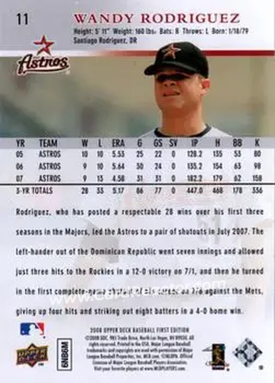 2008 Upper Deck First Edition #11 - Wandy Rodriguez - Houston Astros - Back