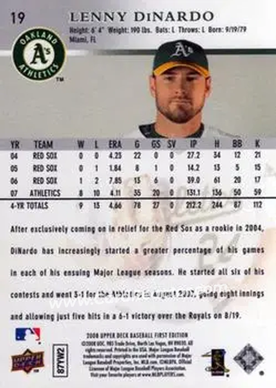 2008 Upper Deck First Edition #19 - Lenny DiNardo - Oakland Athletics - Back