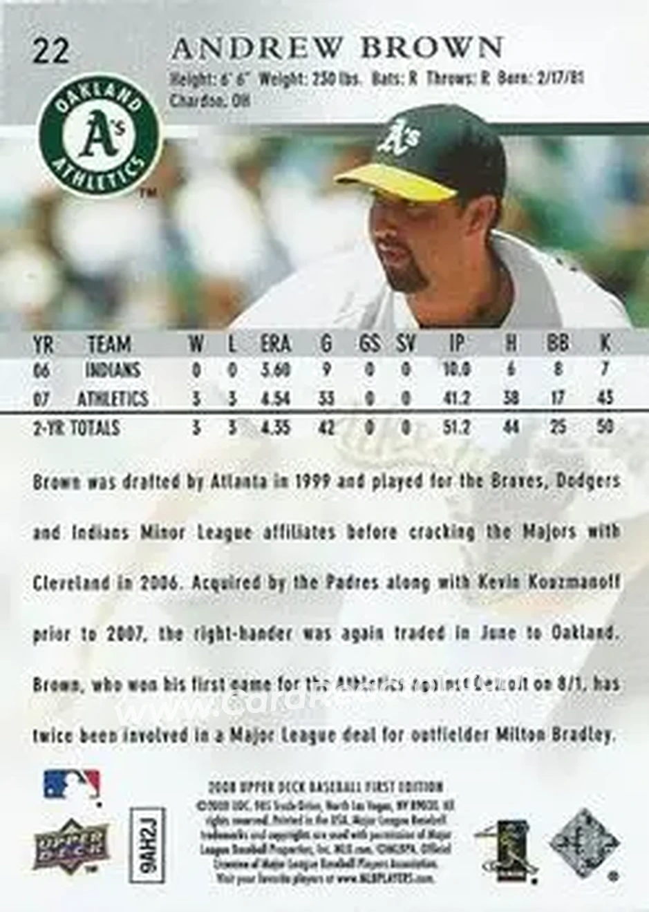 2008 Upper Deck First Edition #22 - Andrew Brown - Oakland Athletics - Back