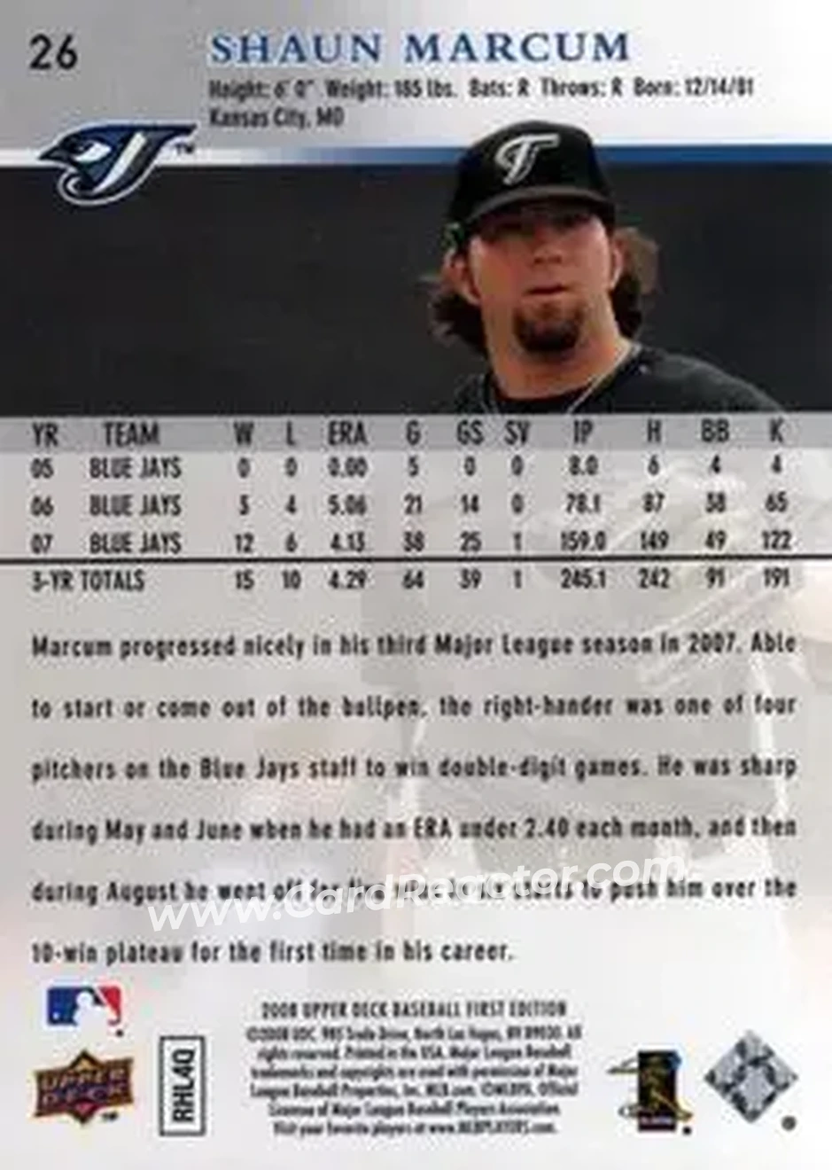 2008 Upper Deck First Edition #26 - Shaun Marcum - Toronto Blue Jays - Back