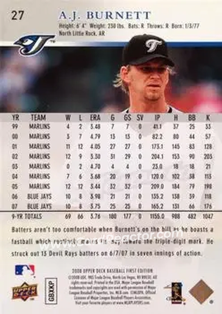 2008 Upper Deck First Edition #27 - A.J. Burnett - Toronto Blue Jays - Back 2008 Upper Deck First Edition #27 - A.J. Burnett - Toronto Blue Jays - Back