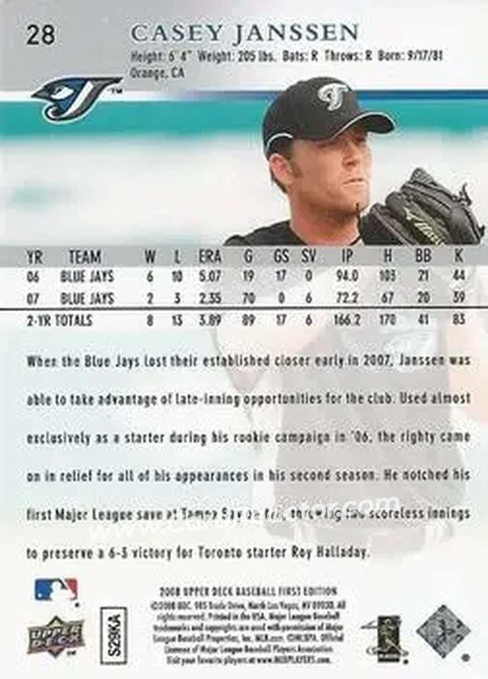 2008 Upper Deck First Edition #28 - Casey Janssen - Toronto Blue Jays - Back