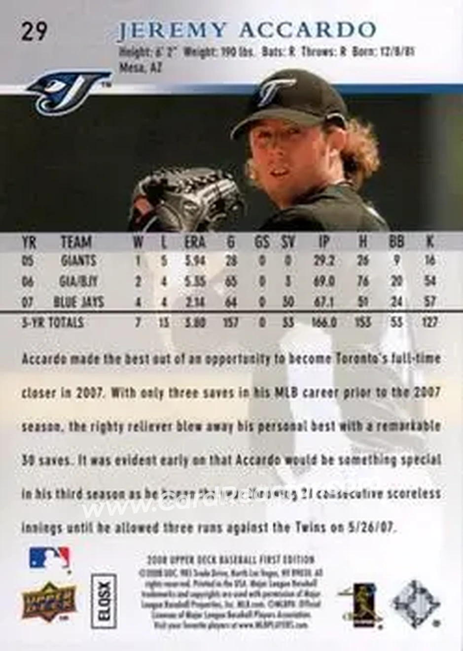 2008 Upper Deck First Edition #29 - Jeremy Accardo - Toronto Blue Jays - Back
