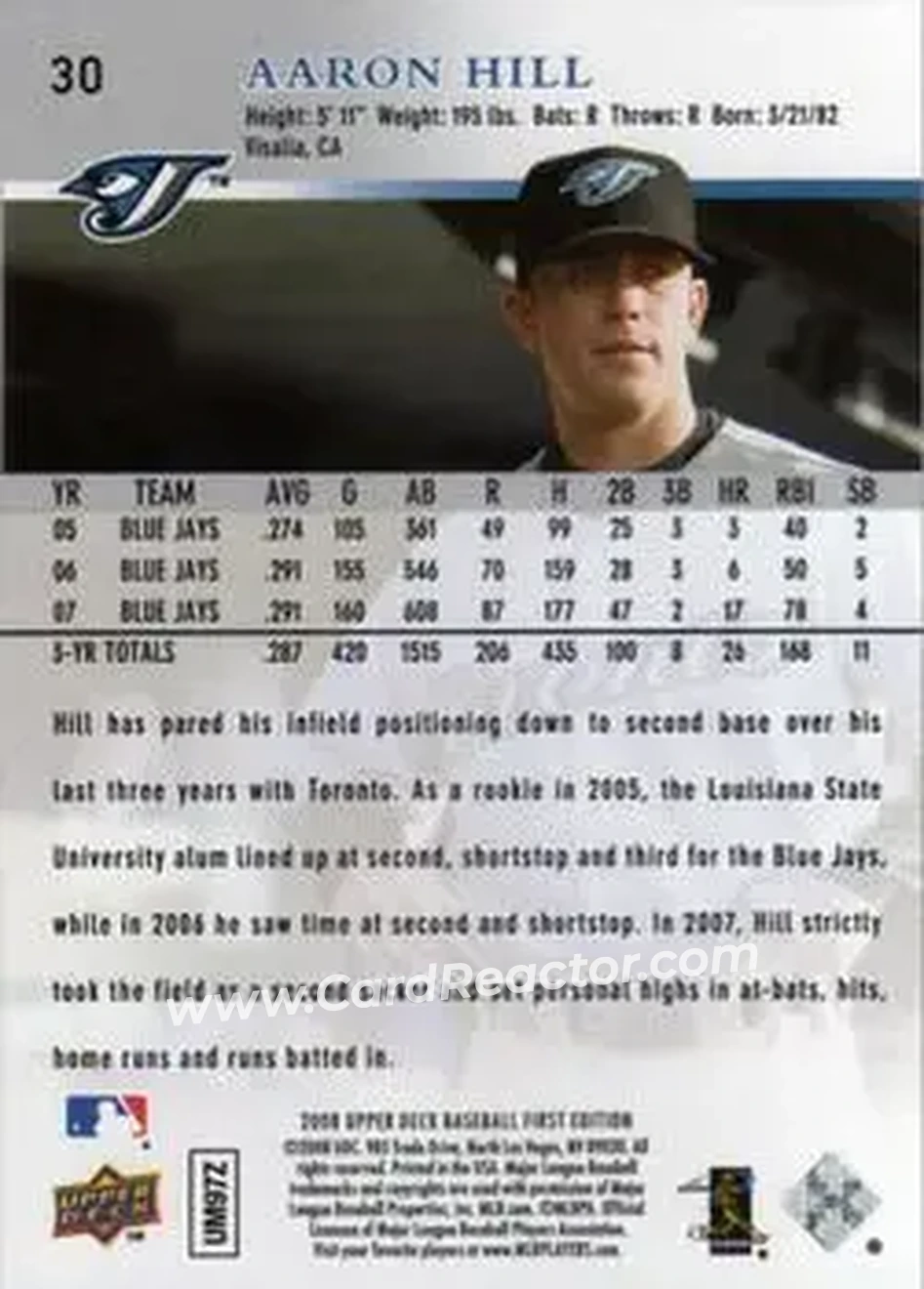 2008 Upper Deck First Edition #30 - Aaron Hill - Toronto Blue Jays - Back 2008 Upper Deck First Edition #30 - Aaron Hill - Toronto Blue Jays - Back