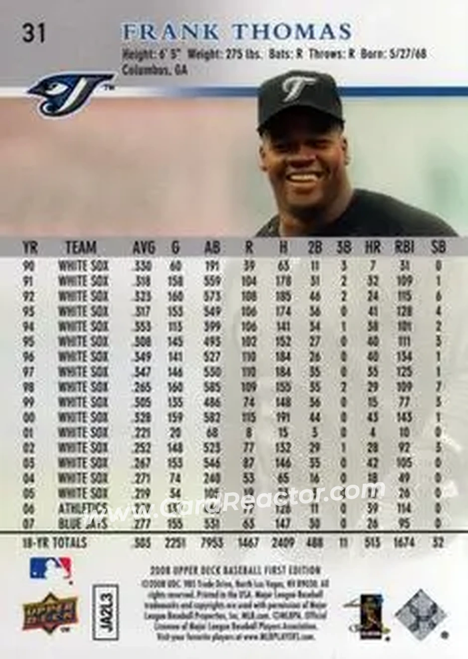 2008 Upper Deck First Edition #31 - Frank Thomas - Toronto Blue Jays - Back 2008 Upper Deck First Edition #31 - Frank Thomas - Toronto Blue Jays - Back