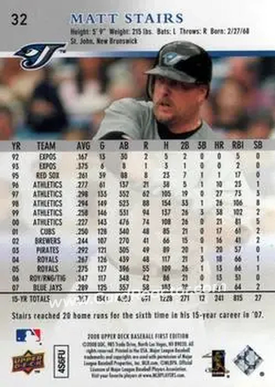 2008 Upper Deck First Edition #32 - Matt Stairs - Toronto Blue Jays - Back 2008 Upper Deck First Edition #32 - Matt Stairs - Toronto Blue Jays - Back