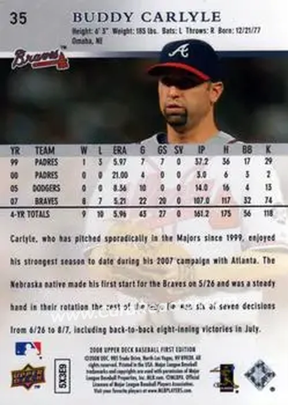 2008 Upper Deck First Edition #35 - Buddy Carlyle - Atlanta Braves - Back 2008 Upper Deck First Edition #35 - Buddy Carlyle - Atlanta Braves - Back