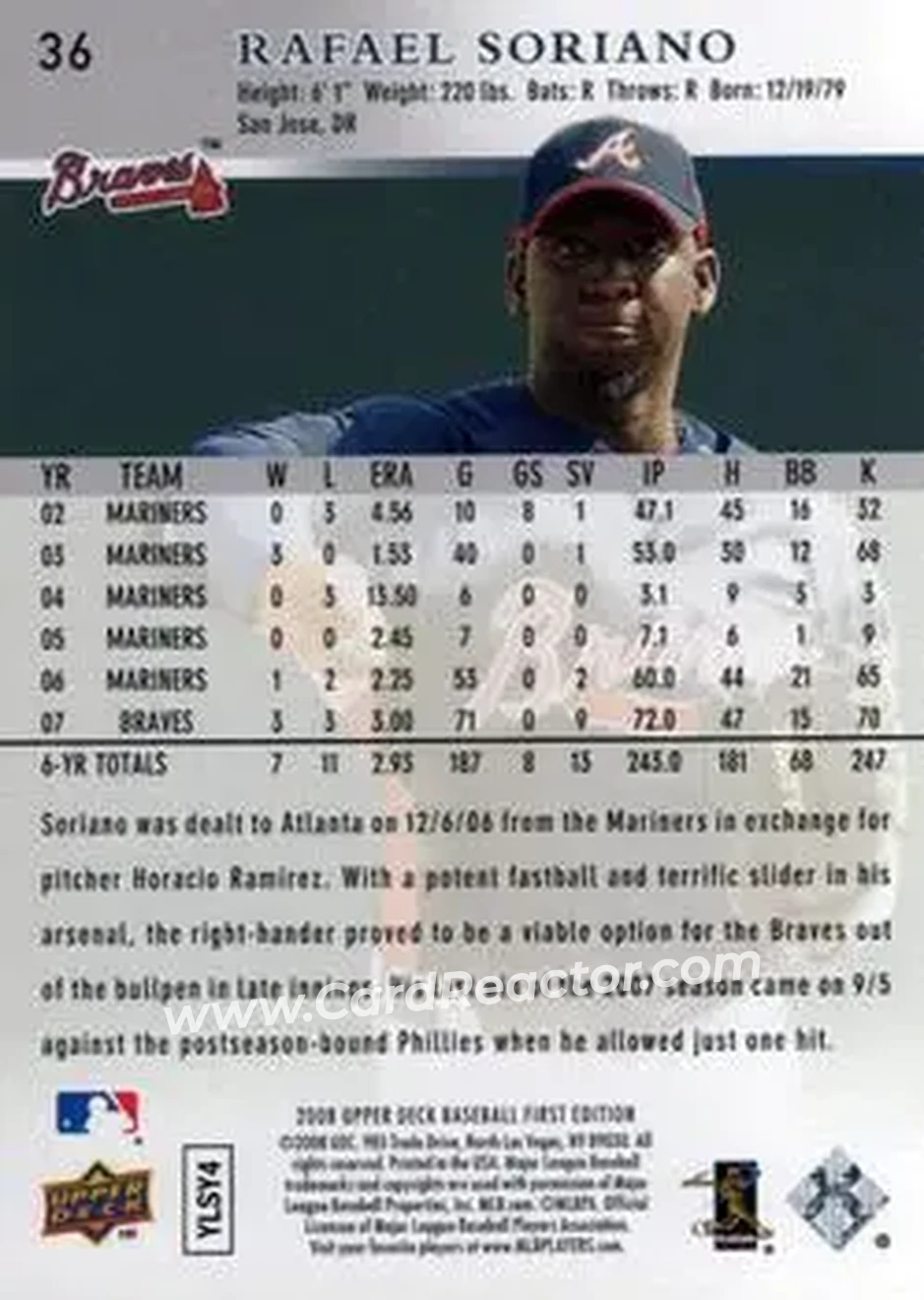 2008 Upper Deck First Edition #36 - Rafael Soriano - Atlanta Braves - Back 2008 Upper Deck First Edition #36 - Rafael Soriano - Atlanta Braves - Back