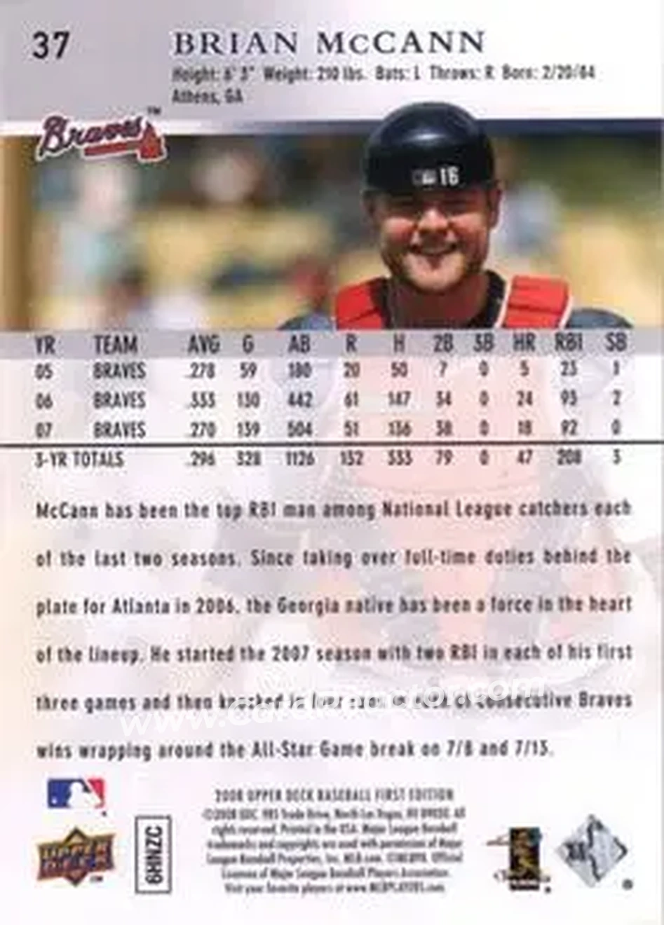 2008 Upper Deck First Edition #37 - Brian McCann - Atlanta Braves - Back